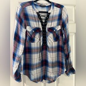 Express Blue Plaid Lace Up Shirt size small